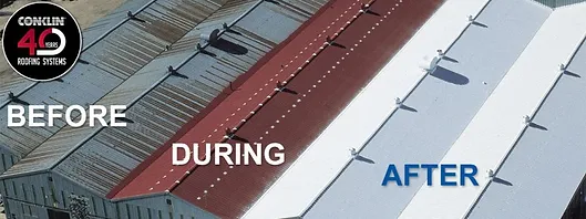 Roof before, during and after applying the conklin roofing system